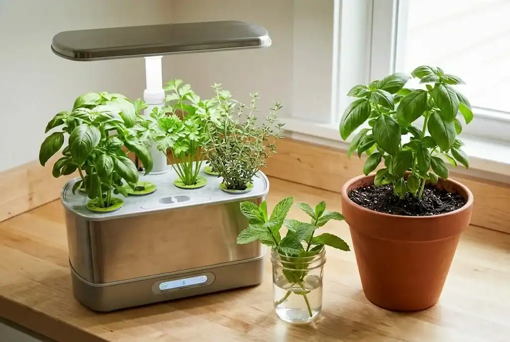 A countertop hydroponic unit beside a terracotta pot of basil, comparing soilless and soil-based herb growing on the same counter