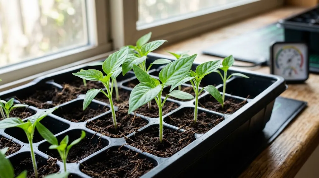 Young emerald green chili seedlings growing in a black plug tray on a warm windowsill