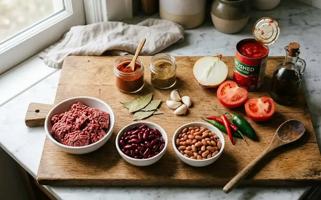 Ingredients for chili arranged on a wooden board: ground beef, beans, spices, tomatoes, garlic, onion, and fresh chiles