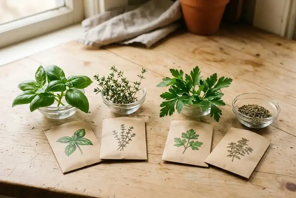 A flat-lay pairing open seed packets of basil, thyme, parsley, and oregano with the corresponding fresh herbs in small glass bowls on a wooden counter.