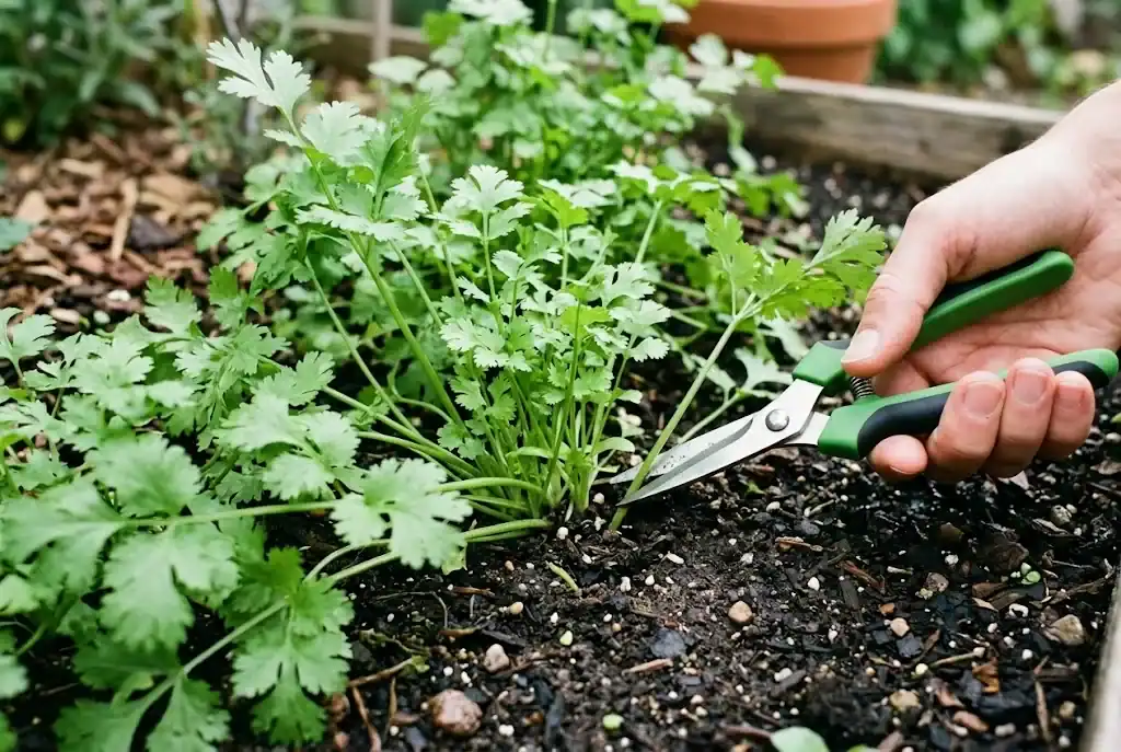Garden snips cutting an outer cilantro stem while the center shoots remain intact