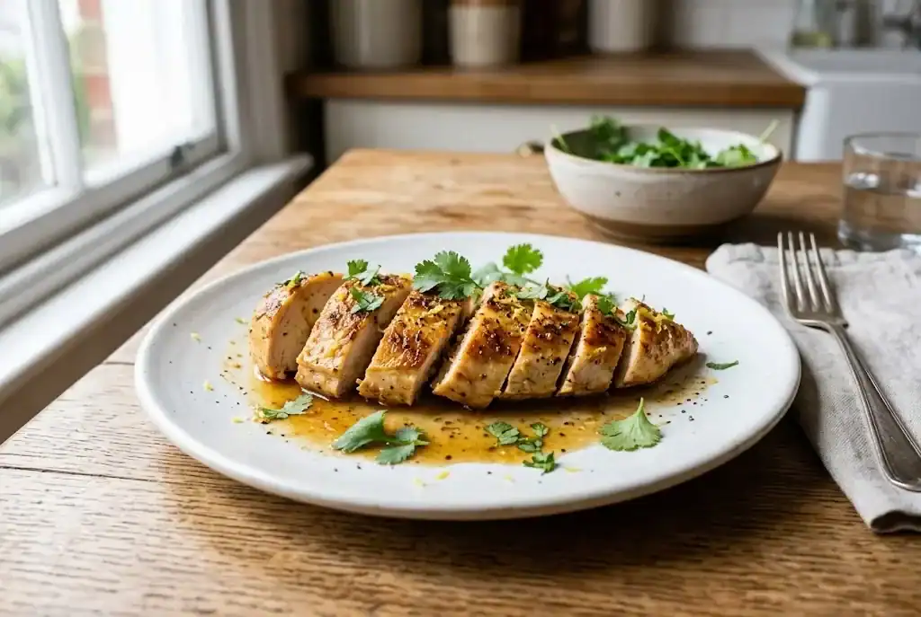 Sliced lemon-spiced chicken with pan sauce, lemon zest, and fresh green herb leaves