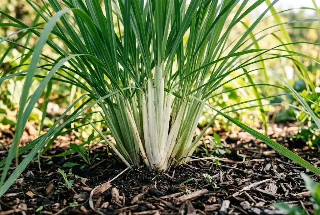Close view of culinary lemongrass showing long strap-like leaves and pale overlapping bases