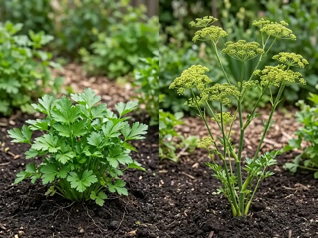 Side-by-side comparison of first-year parsley foliage rosette and second-year flowering stalks