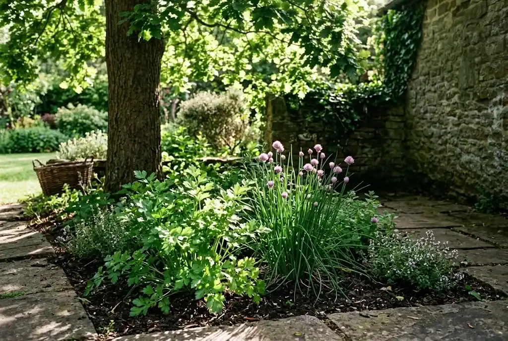 Dappled morning light across parsley and chives in a shaded garden bed