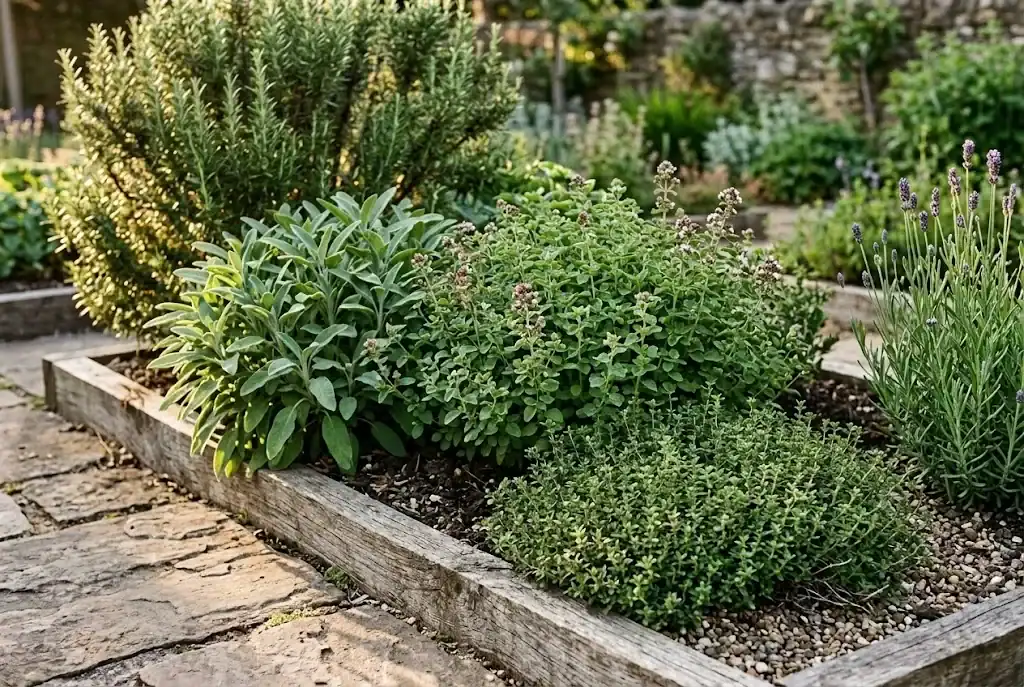 Low-angle view of a small raised bed packed with established rosemary, thyme, sage, and oregano