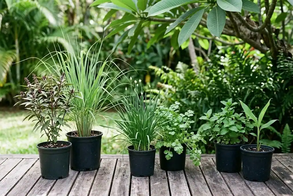 Three groups of potted herbs arranged on a wooden deck by sun exposure, with Thai basil and lemon grass in full sun and garlic chives in part shade