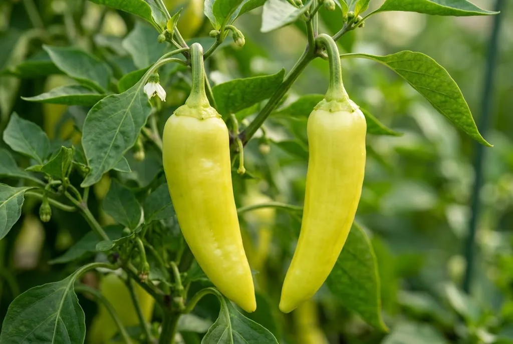Two pale yellow-green banana peppers hanging from living branch in morning sun