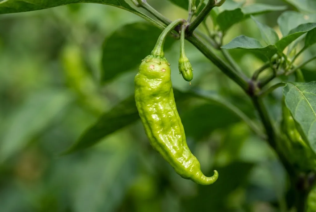 A wrinkled green shishito pepper pod hanging on a leafy Capsicum annuum branch