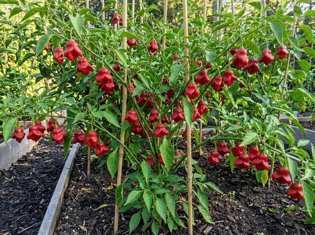 Bushy mature Bishop's Crown pepper plant supported by garden stakes and heavily laden with red winged pods in a garden bed