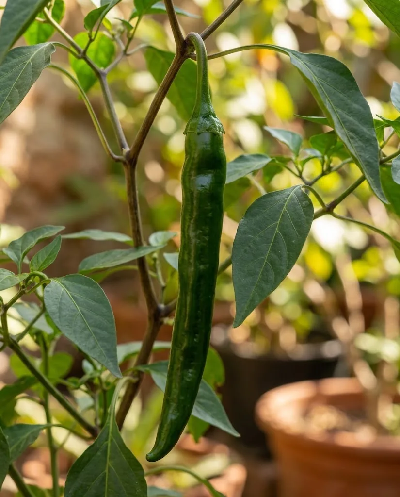 Fresh dark-green chilaca pod hanging on a tall Capsicum annuum plant