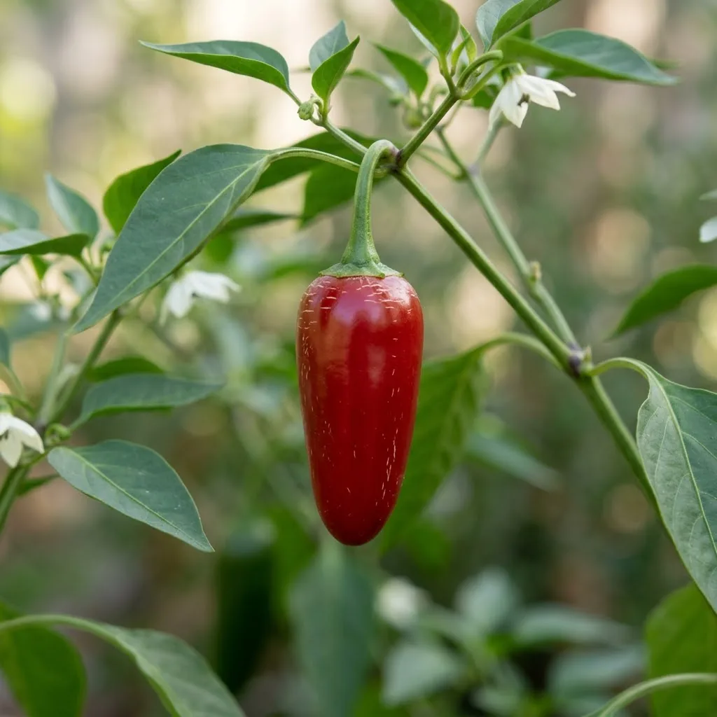 One ripe red jalapeno pepper hanging from a backyard pepper plant branch
