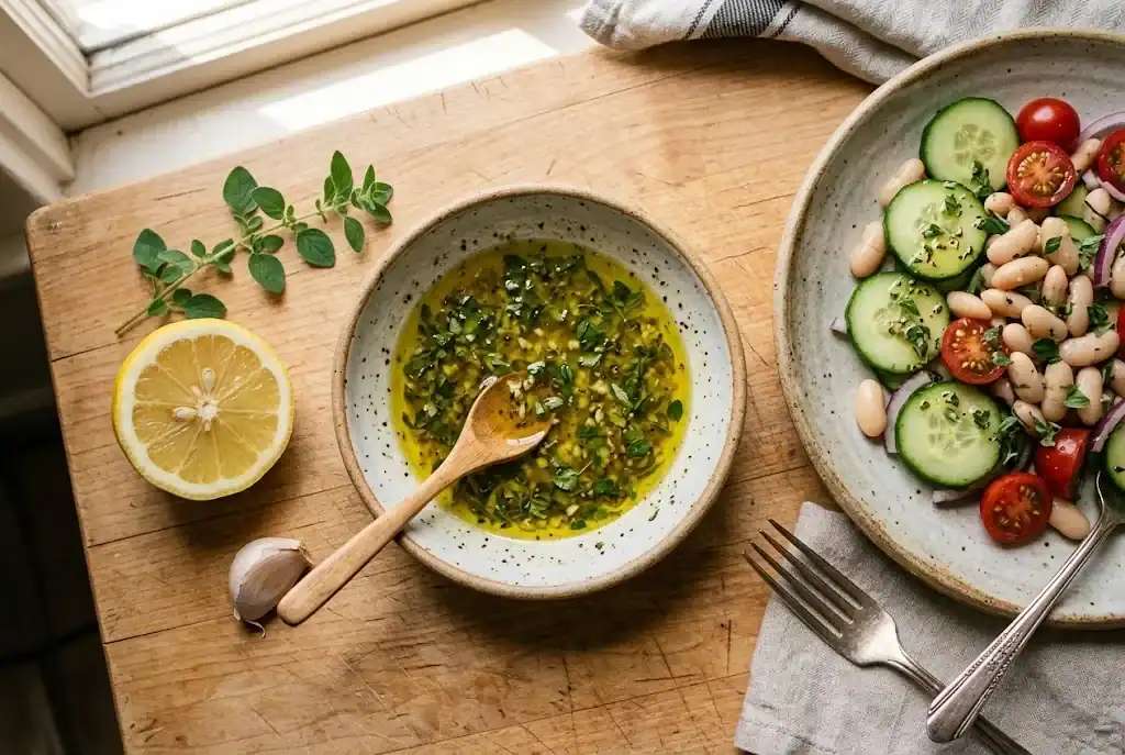 A small bowl of oregano vinaigrette with fresh oregano, lemon, garlic, and olive oil on a kitchen counter