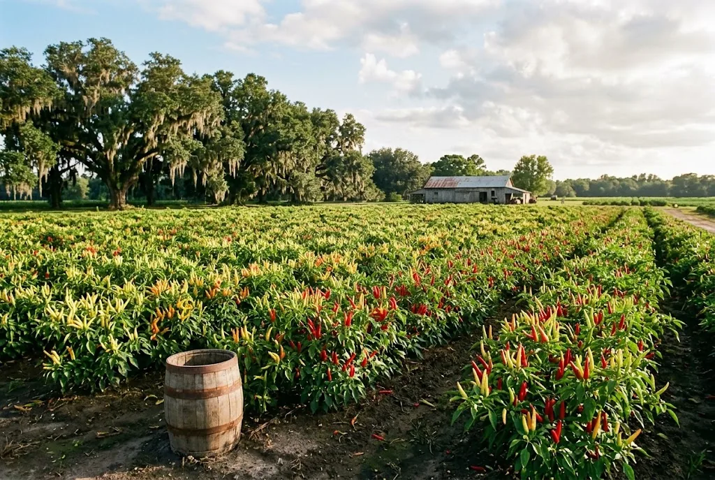 Sunlit view of mature Tabasco pepper fields on Avery Island, Louisiana, with several rows of upright Capsicum frutescens shrubs laden with red and yellow pods