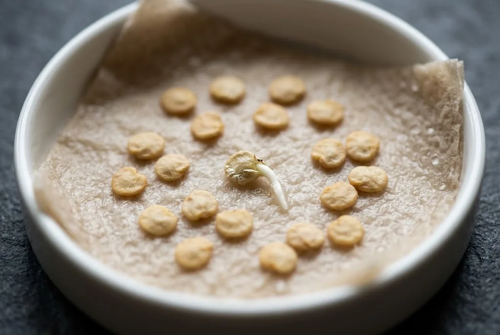 Sprouted chili pepper seeds on damp unbleached paper towel showing emerging white taproots in a ceramic dish