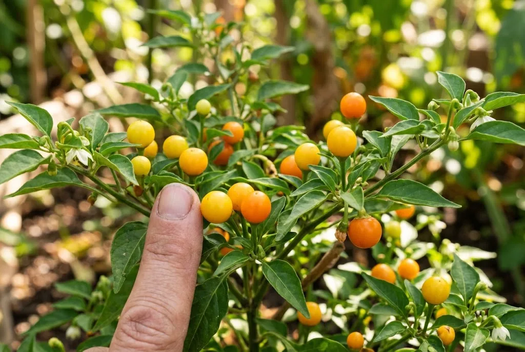 Pea-sized yellow and orange ají charapita pods among green leaves