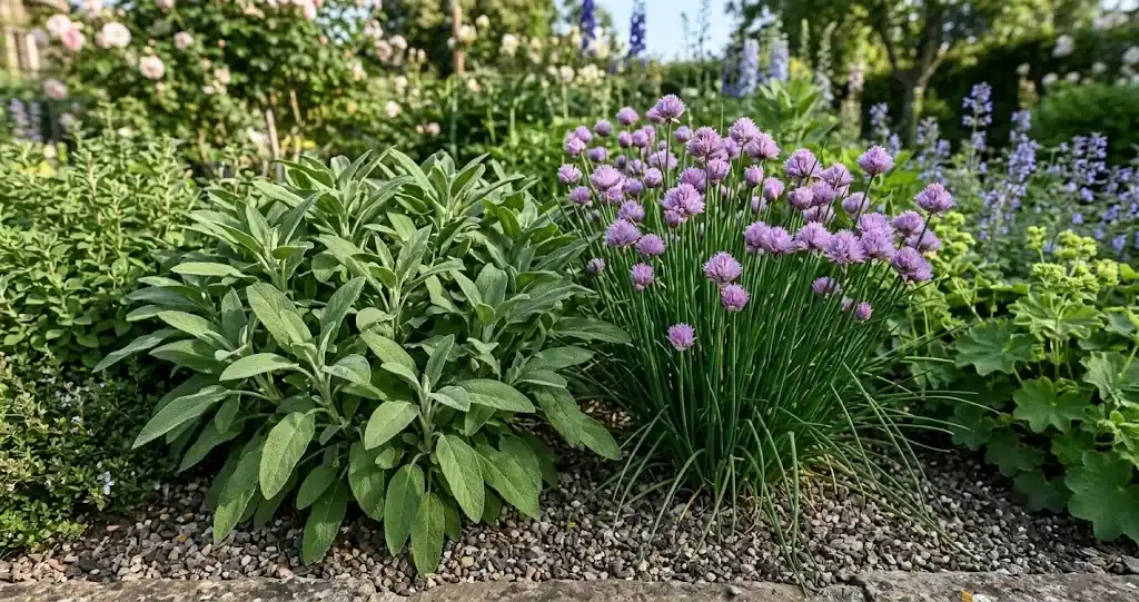 Established perennial herb border featuring mature common sage with deeply veined grey-green leaves beside purple flowering chives