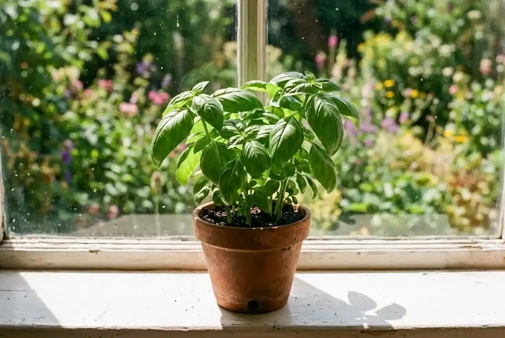 Hand held palm-up near a south-facing window with a small pot of basil on the sill