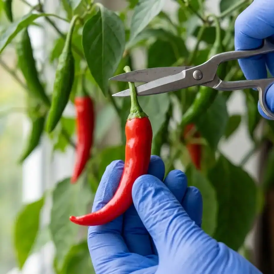 Gloved hand holding a ripe red cayenne chili by the stem with garden snips poised to snip the joint where the stem meets the branch