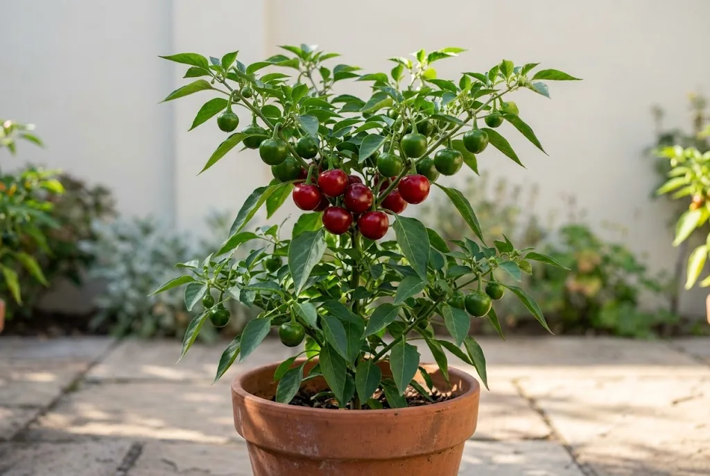 An upright Capsicum annuum cascabel plant in a terracotta pot with a cluster of round red and green pods near the top.