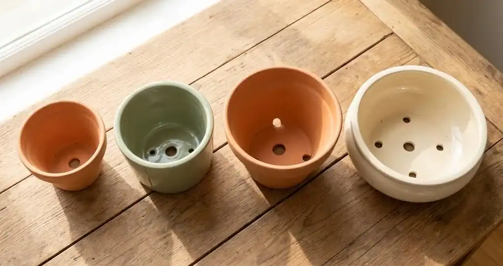 Four empty herb planters in different materials and sizes arranged on a sunny wooden surface to show the choices for a beginner