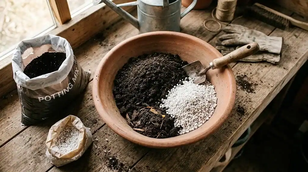 Hands-free flat-lay of a free-draining potting mix with perlite and compost being folded together in a ceramic bowl
