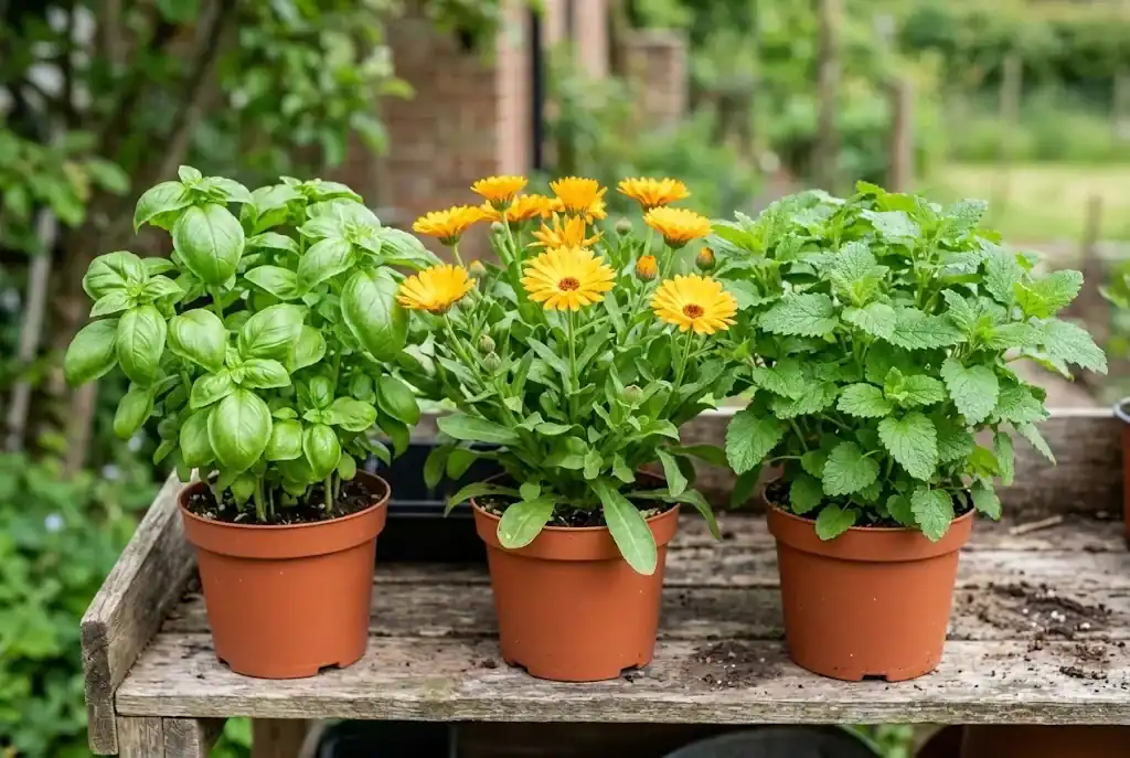 Healthy potted sweet basil, flowering calendula blooms, and bushy lemon balm plants on an outdoor nursery workbench