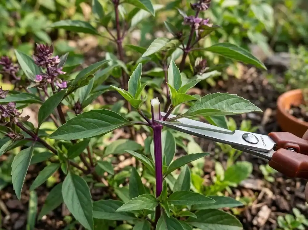 Clean garden snips making a precise cut one-quarter inch above a leaf node on an Asian basil stem