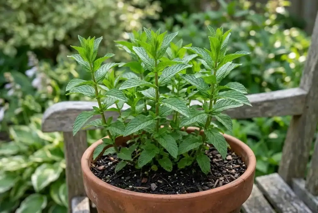 Established spearmint plant with sturdy stems ready for harvest