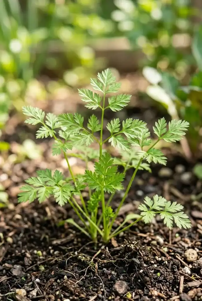 A single chervil plant at the right stage for its first light harvest, about six inches tall with lacy leaves