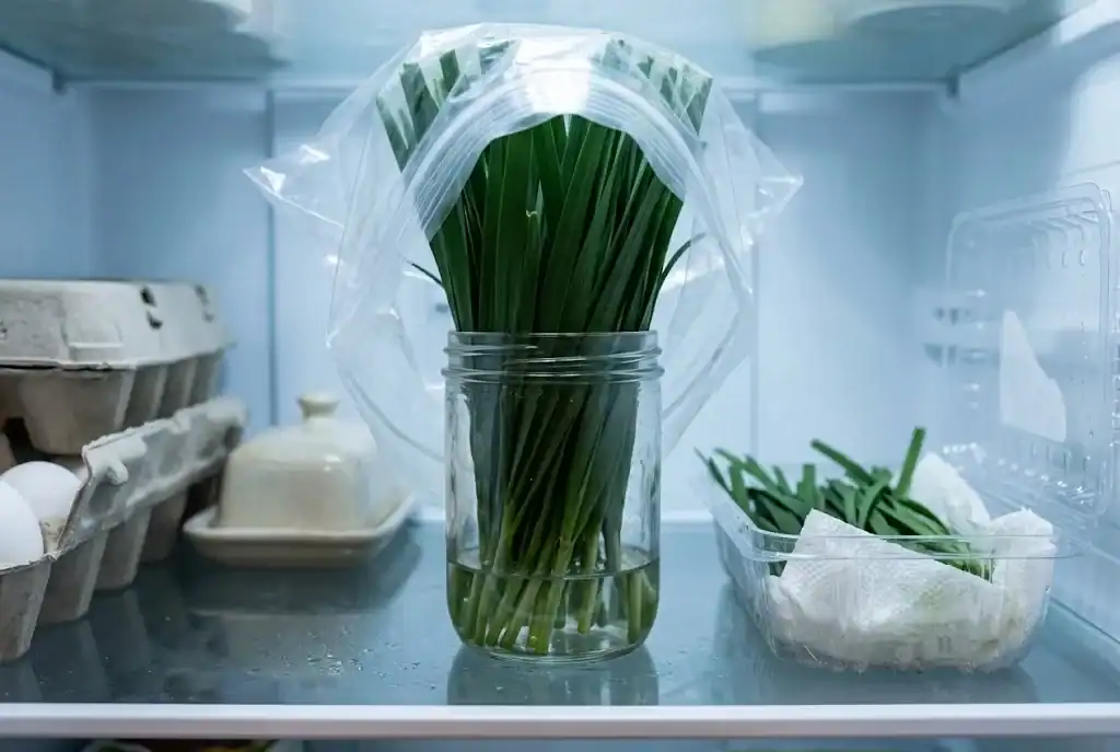 Glass jar with garlic chives standing in cool water on a refrigerator shelf, alongside wrapped bunches