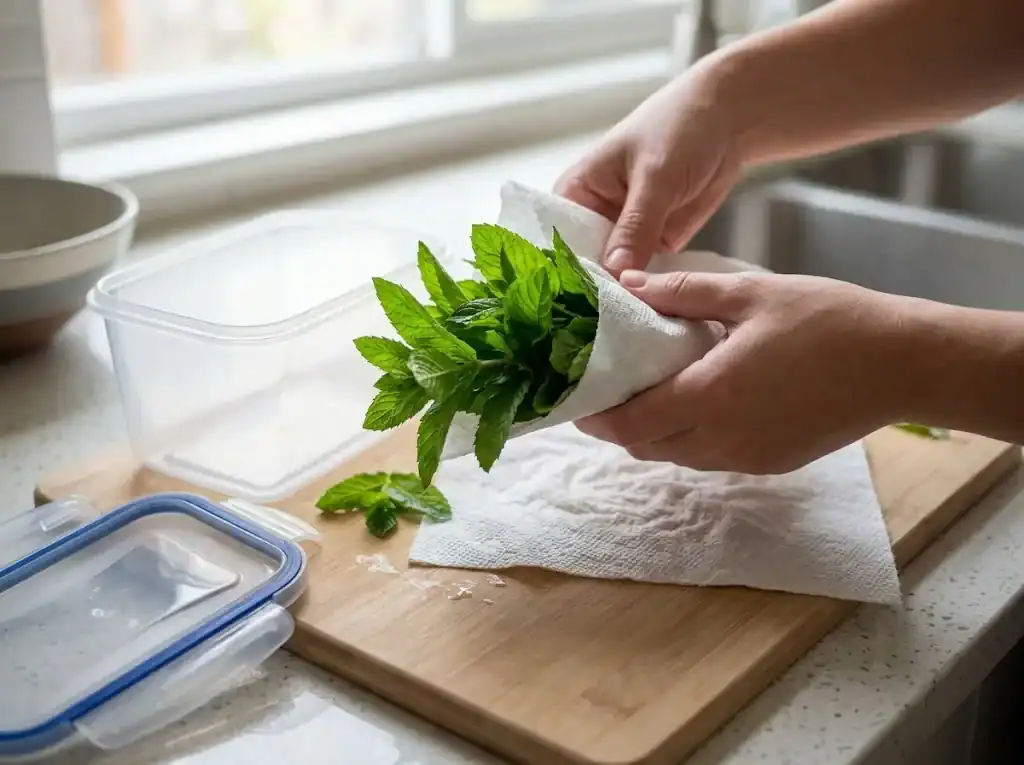Hands wrapping fresh spearmint leaves in a damp paper towel and sliding them into a sealed container