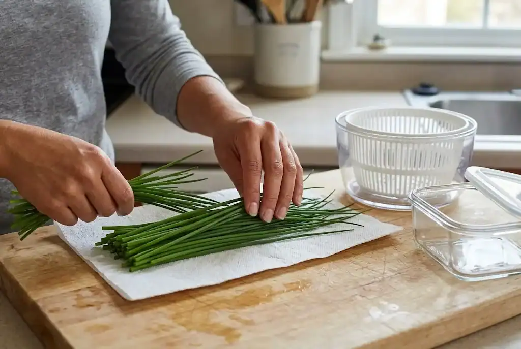 Fresh green chive stems being placed on a damp paper towel next to a salad spinner and glass storage container