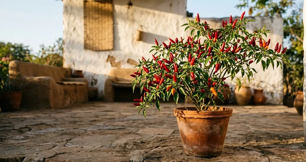 Mozambique or Portugal patio with a mature Capsicum frutescens piri-piri plant in a terracotta pot, laden with ripe red slim pods