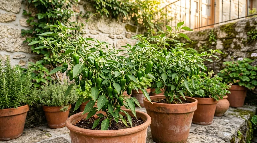 A sunny Galician stone patio with fruiting Padron pepper plants in large terracotta pots catching warm morning light