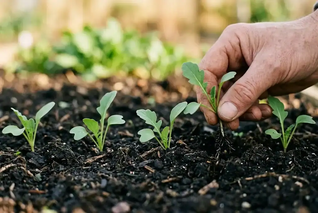 Close-up of rocket Eruca sativa seedlings at the two-true-leaf stage emerging through dark composted soil, with a hand thinning one to leave the rest at the final spacing