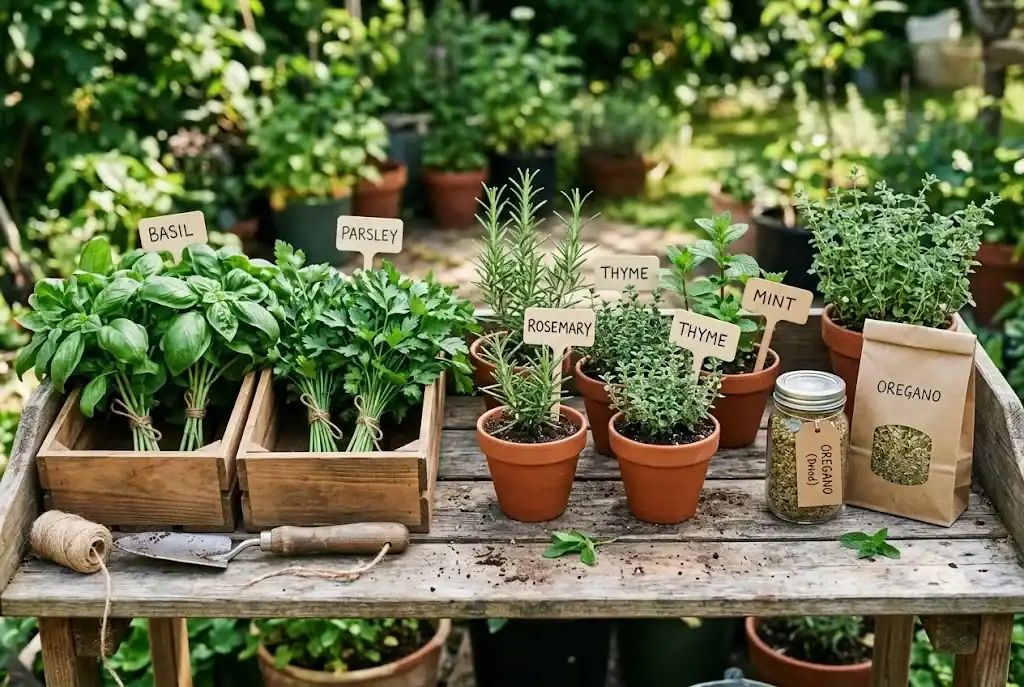 Fresh herb bunches, potted starter plants, and dried herbs arranged on a clean potting bench