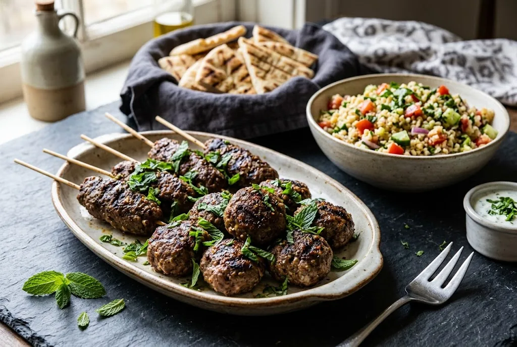 Platter of grilled lamb meatballs and kofta skewers garnished with freshly chopped spearmint and bulgur tabbouleh
