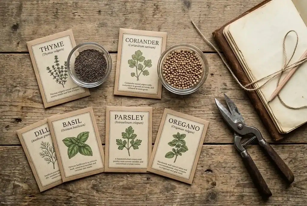 Flat lay of culinary herb seed packets and glass bowls of thyme and coriander seeds on a rustic wooden table
