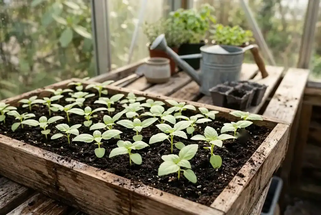 Young lemon basil seedlings with their first set of true leaves growing in a wooden seed-starting tray