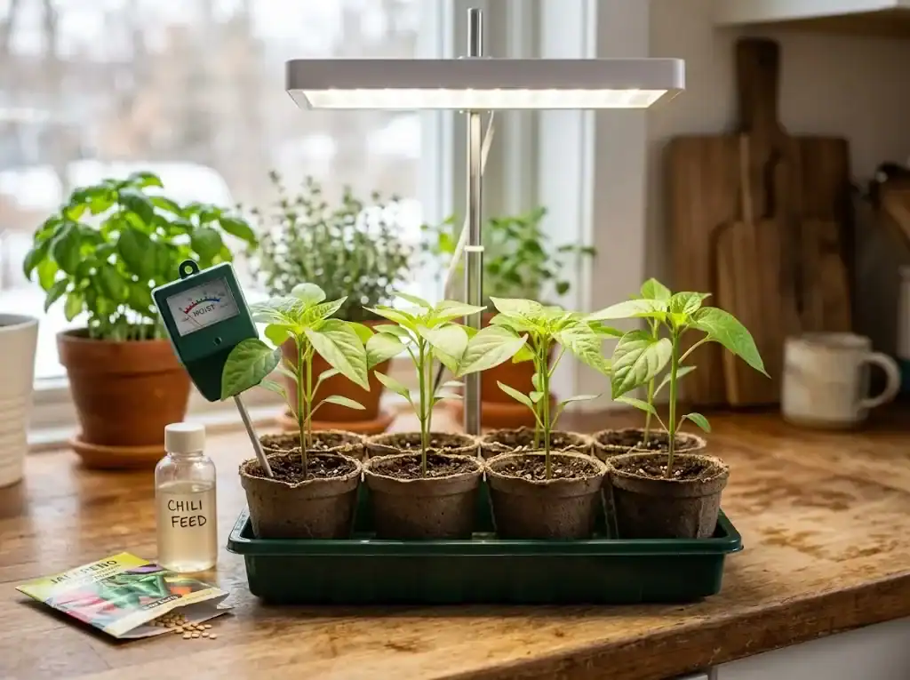 Three young chili pepper seedlings in peat pots under a white LED grow light on a bright kitchen counter, ready to be potted up