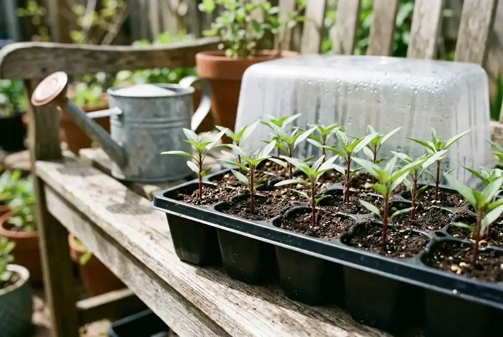 Healthy young Asian basil seedlings growing in a modular seed-starting tray on a sunlit garden bench
