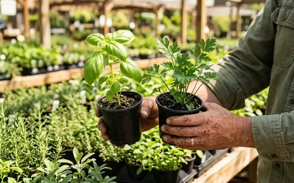 Hands holding two nursery pots of Genovese basil and flat-leaf parsley at a garden center bench.