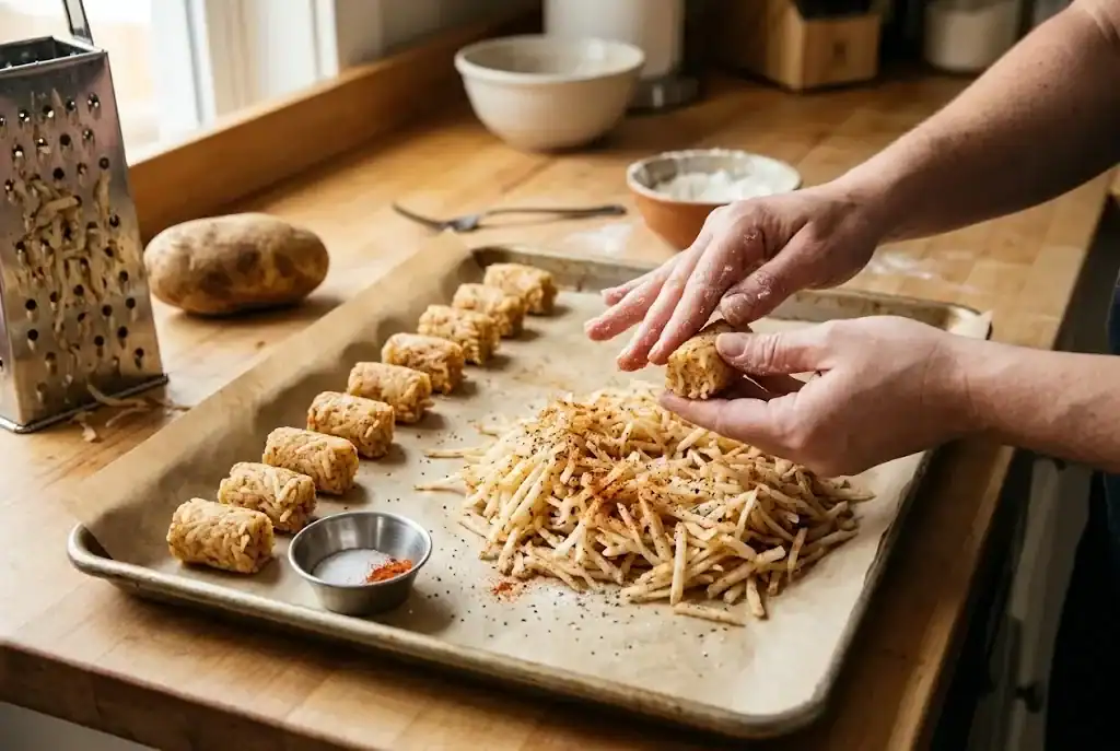 Hands shaping seasoned shredded potato into tater tots on a parchment-lined baking sheet
