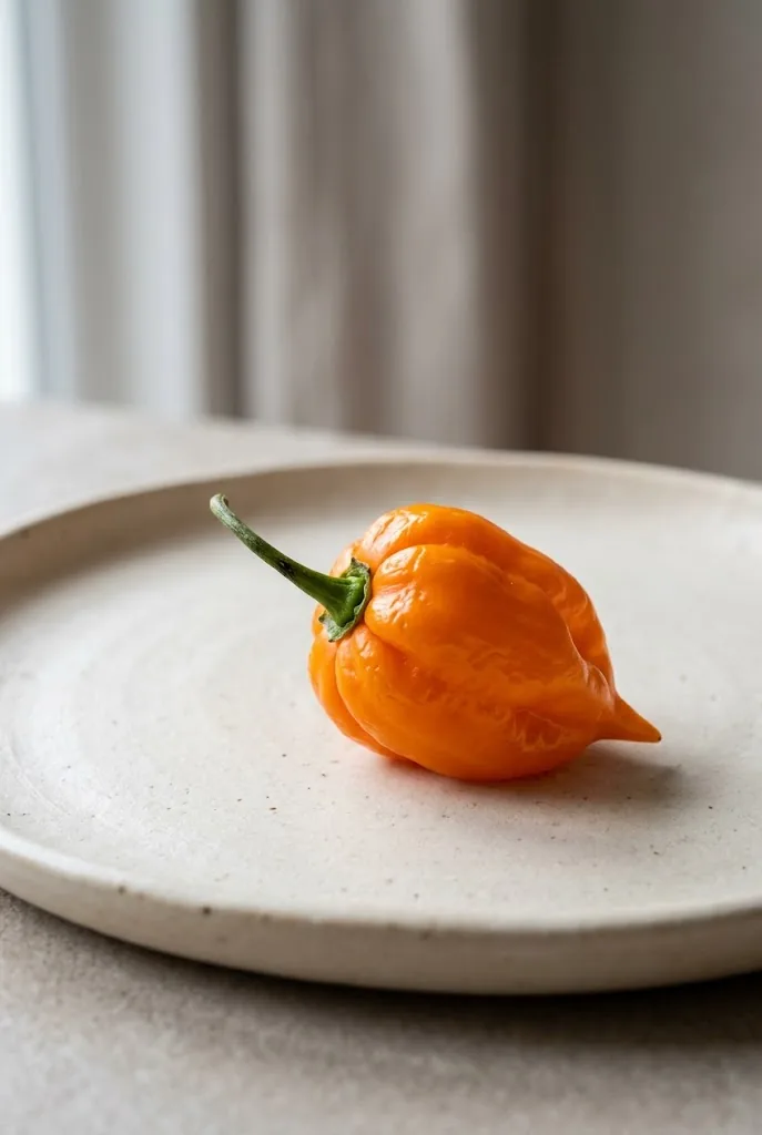 Single ripe orange habanero resting on a plain matte cream ceramic plate in soft studio light, lantern-shaped with waxy slightly wrinkled skin