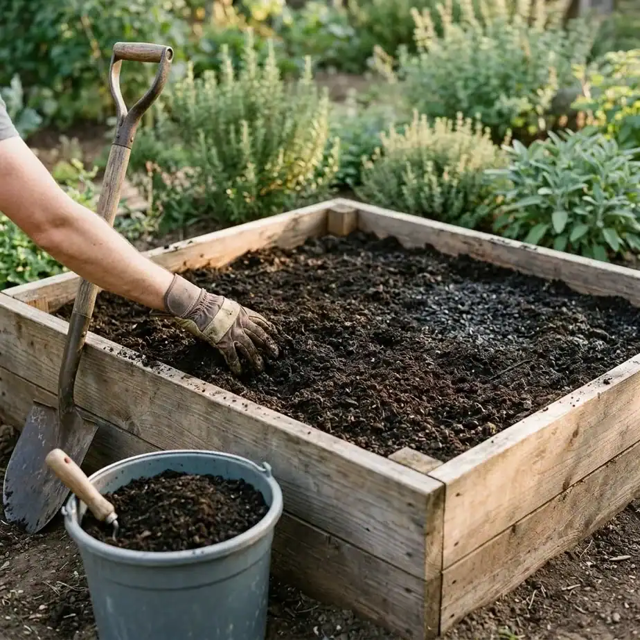 Gloved hands working finished compost into the topsoil of a cedar raised bed before planting an organic herb garden
