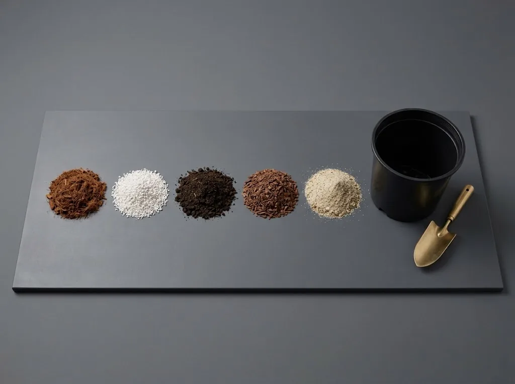 Five measured mounds of coco coir, perlite, compost, pine bark and coarse sand on a slate work surface beside an empty 5 gallon pot