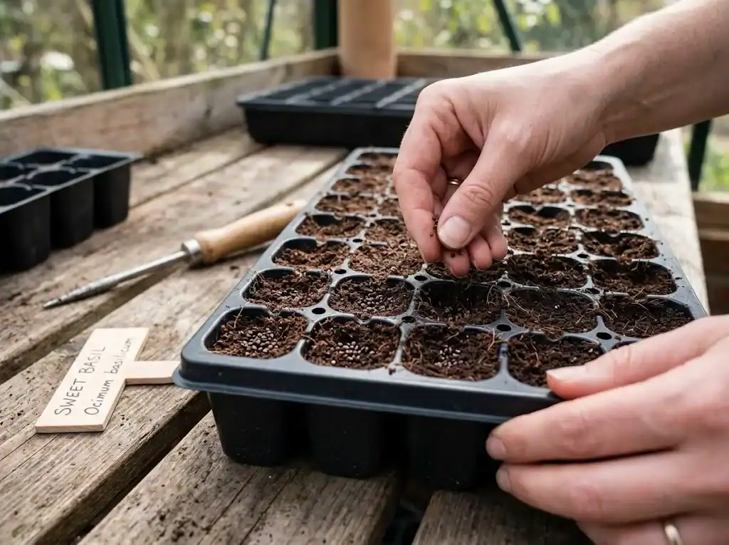 Gardener gently sowing fine herb seeds into cellular seedling trays filled with dark moist seed mix