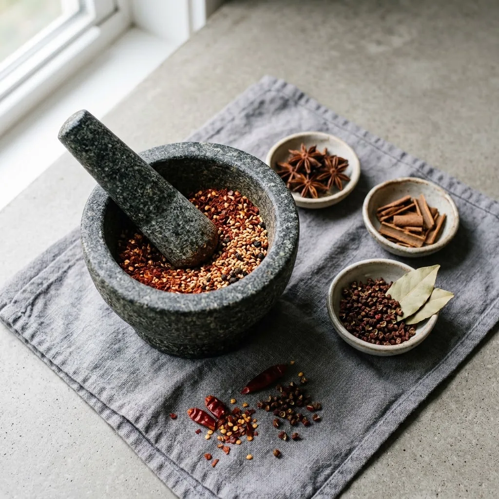 Dark granite mortar with coarse Sichuan chili flakes and toasted sesame seeds beside three small ceramic prep dishes holding star anise cinnamon stick and Sichuan peppercorns on a folded linen cloth