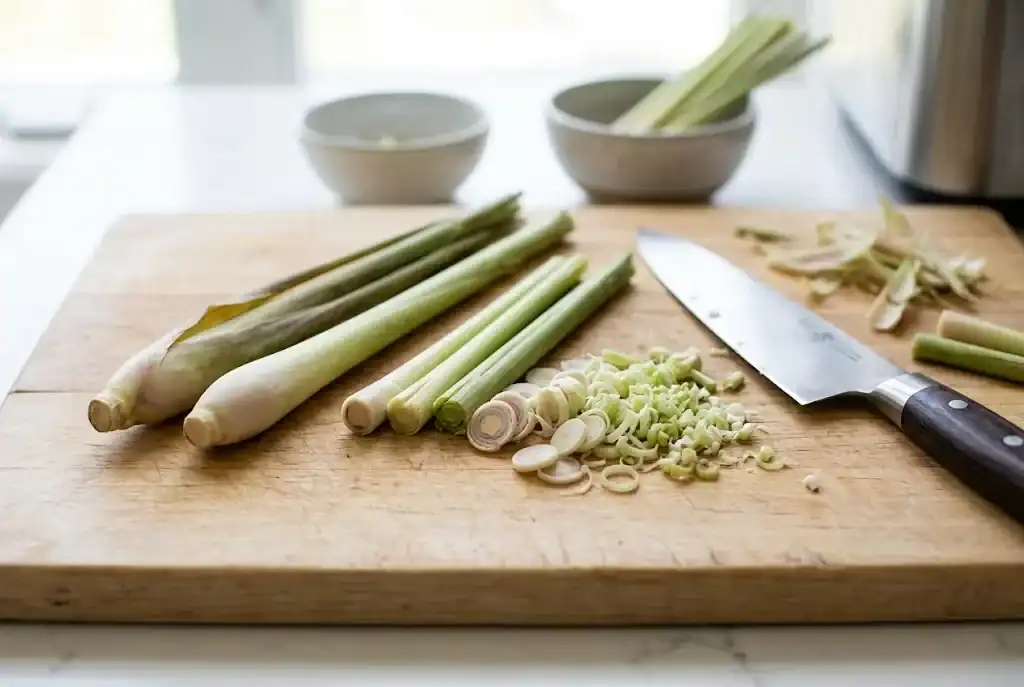 Fresh lemongrass stalks being trimmed and finely minced on a wooden cutting board with a chef knife